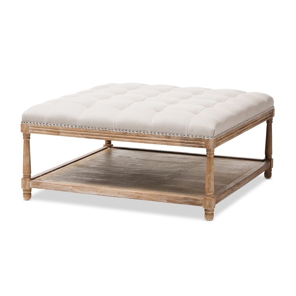 Baxton Studio Carlotta French Country Weathered Linen Square Coffee Table Ottoman