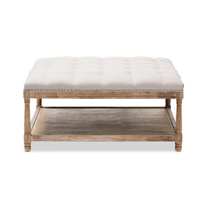 Baxton Studio Carlotta French Country Weathered Oak Beige Linen Square Coffee Table Ottoman