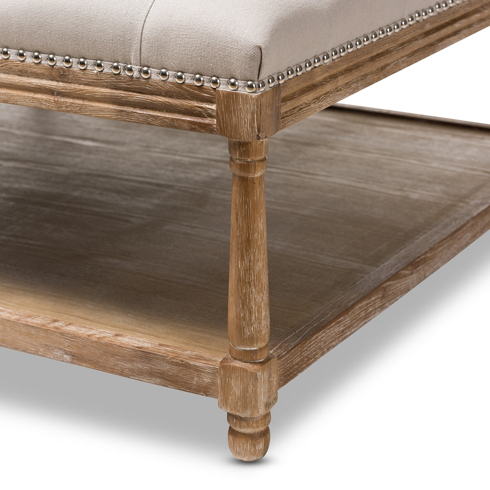 BAXTON STUDIO CARLOTTA FRENCH COUNTRY WEATHERED OAK BEIGE LINEN SQUARE COFFEE TABLE OTTOMAN