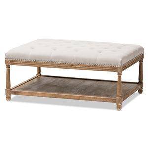 Baxton Studio Carlotta French Country Weathered Oak Beige Linen Rectangular Coffee Table Ottoman