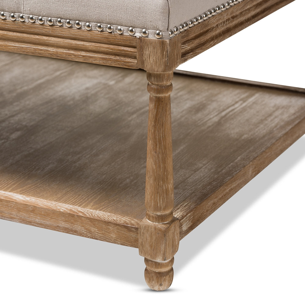 BAXTON STUDIO CARLOTTA FRENCH COUNTRY WEATHERED OAK BEIGE LINEN RECTANGULAR COFFEE TABLE OTTOMAN