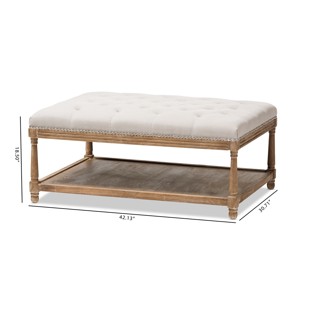 Baxton Studio Carlotta French Country Weathered Oak Beige Linen Rectangular Coffee Table Ottoman