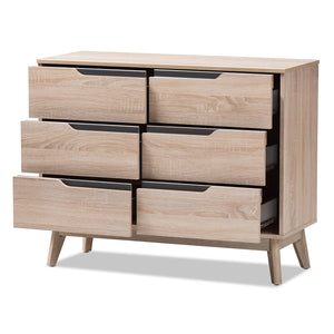 Baxton Studio Fella Mid-Century Modern Two-Tone Oak And Grey Wood 6-Drawer Dresser