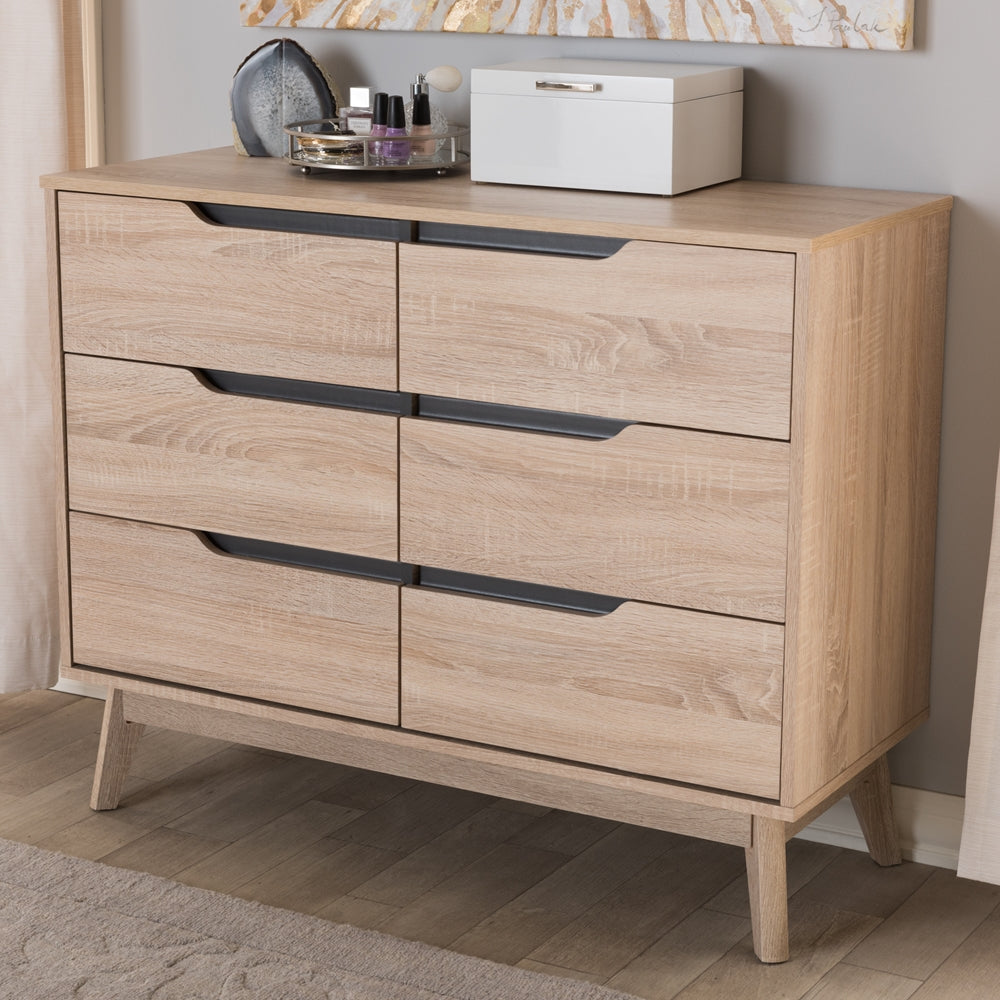 Baxton Studio Fella Mid-Century Modern Two-Tone Oak And Grey Wood 6-Drawer Dresser