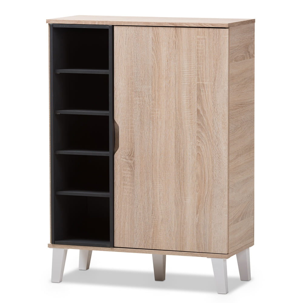 Baxton Studio Adelina Mid-Century Modern 1-Door Oak And Grey Wood Shoe Cabinet