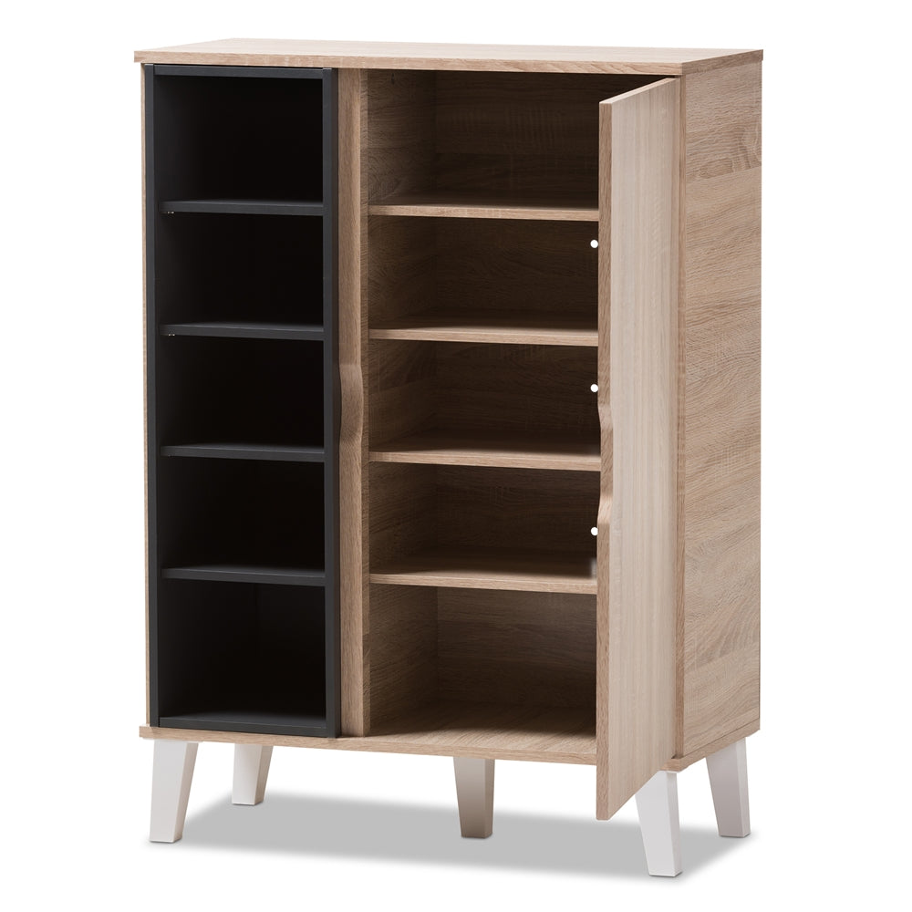 Baxton Studio Adelina Mid-Century Modern 1-Door Oak And Grey Wood Shoe Cabinet