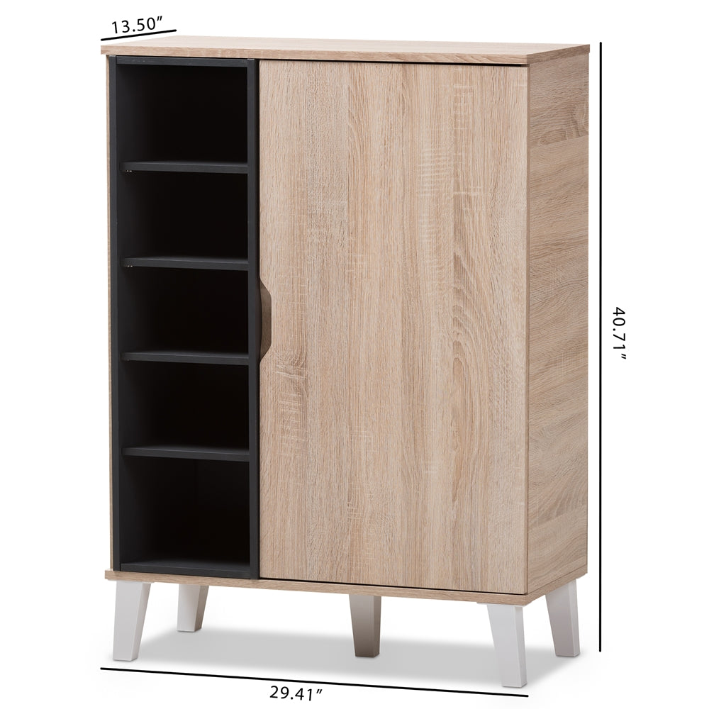 Baxton Studio Adelina Mid-Century Modern 1-Door Oak And Grey Wood Shoe Cabinet