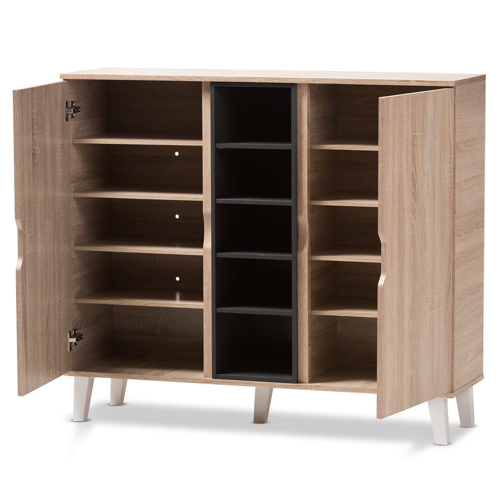 Baxton Studio Adelina Mid-Century Modern 2-Door Oak And Grey Wood Shoe Cabinet