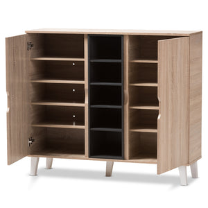 Baxton Studio Adelina Mid-Century Modern 2-Door Oak And Grey Wood Shoe Cabinet