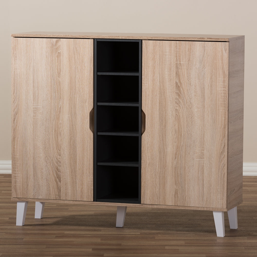 Baxton Studio Adelina Mid-Century Modern 2-Door Oak And Grey Wood Shoe Cabinet