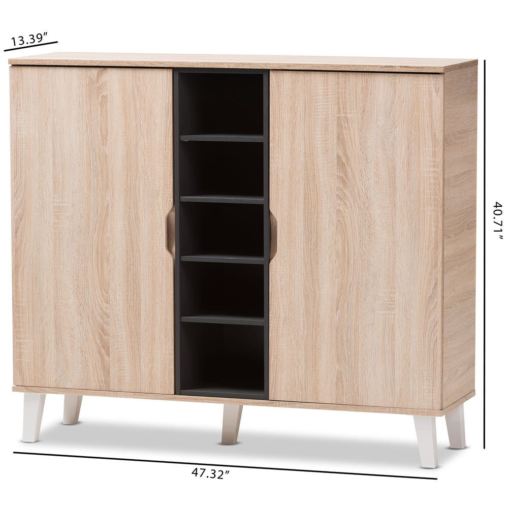 Baxton Studio Adelina Mid-Century Modern 2-Door Oak And Grey Wood Shoe Cabinet