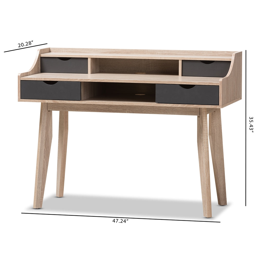 Baxton Studio Fella Mid-Century Modern 4-Drawer Oak And Grey Wood Study Desk