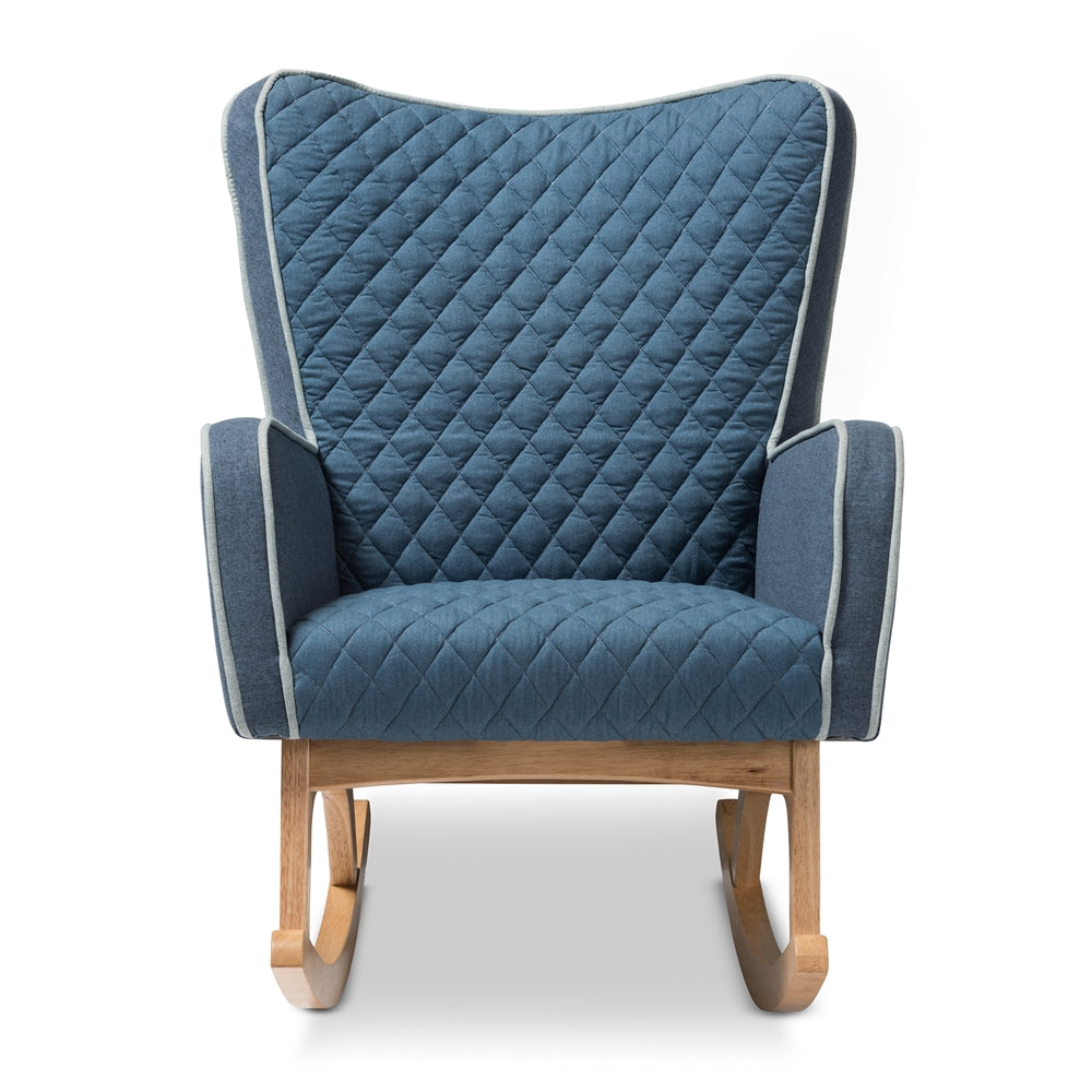 Baxton Studio Zoelle Mid-Century Modern Blue Fabric Upholstered Natural Finished Rocking Chair