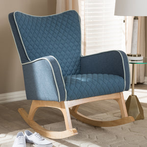 Baxton Studio Zoelle Mid-Century Modern Blue Fabric Upholstered Natural Finished Rocking Chair