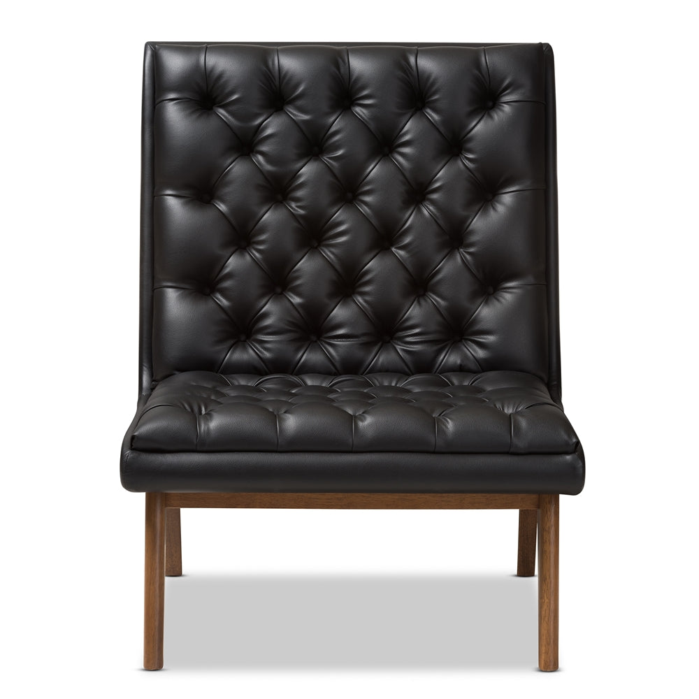 Baxton Studio Annetha Mid-Century Modern Black Faux Leather Upholstered Walnut Finished Wood Lounge Chair