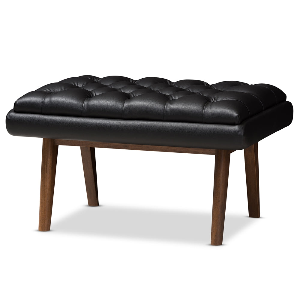 Baxton Studio Annetha Mid-Century Modern Black Faux Leather Upholstered Walnut Finished Wood Ottoman