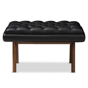 Baxton Studio Annetha Mid-Century Modern Black Faux Leather Upholstered Walnut Finished Wood Ottoman