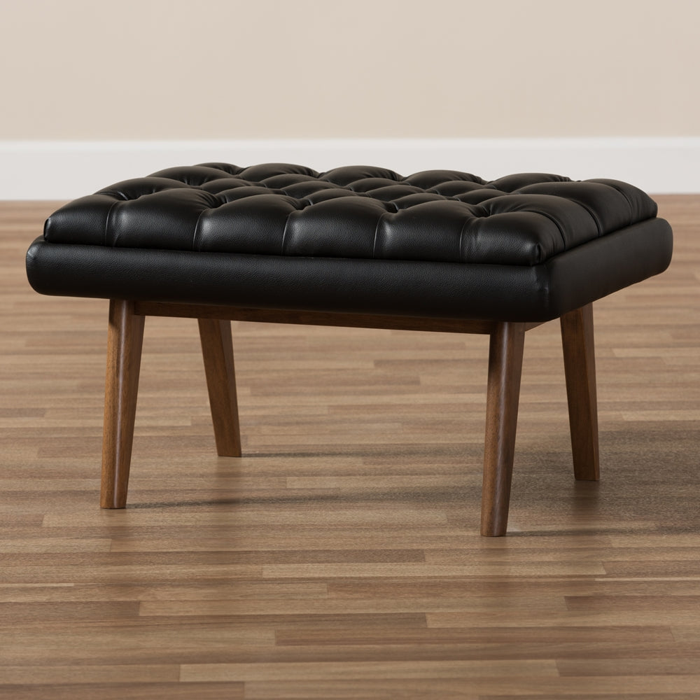 Baxton Studio Annetha Mid-Century Modern Black Faux Leather Upholstered Walnut Finished Wood Ottoman