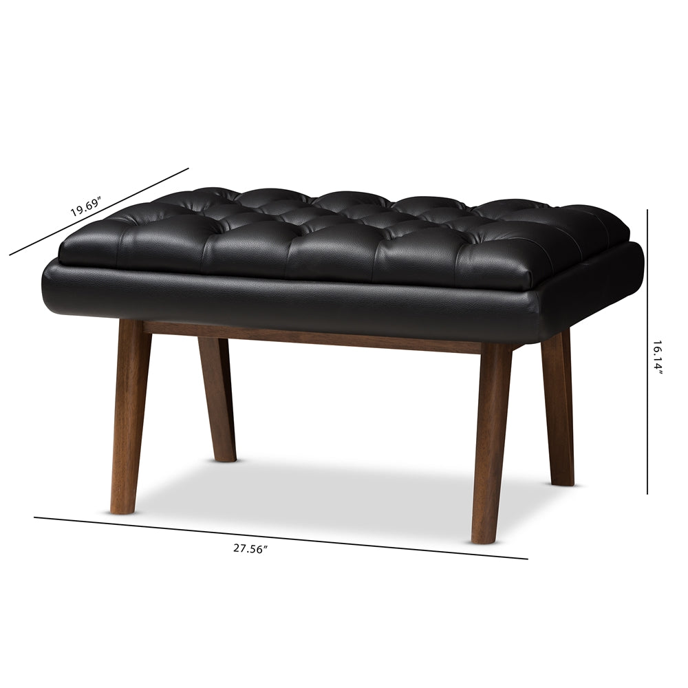 Baxton Studio Annetha Mid-Century Modern Black Faux Leather Upholstered Walnut Finished Wood Ottoman