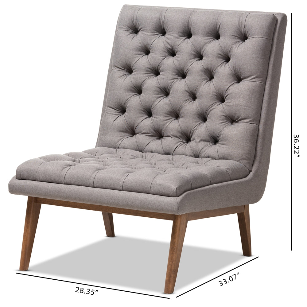 Baxton Studio Annetha Mid-Century Modern Grey Fabric Upholstered Walnut Finished Wood Lounge Chair