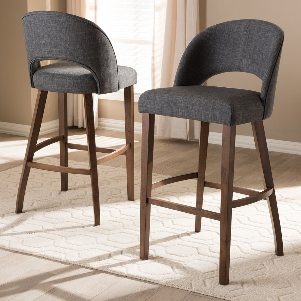 Baxton Studio Melrose Mid-Century Modern Dark Grey Fabric Upholstered Walnut Finished Wood Bar Stool (Set Of 2)