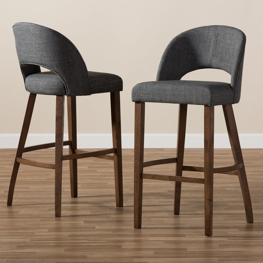 Baxton Studio Melrose Mid-Century Modern Dark Grey Fabric Upholstered Walnut Finished Wood Bar Stool (Set Of 2)