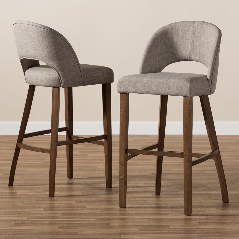 Baxton Studio Melrose Mid-Century Modern Light Grey Fabric Upholstered Walnut Finished Wood Bar Stool (Set Of 2)