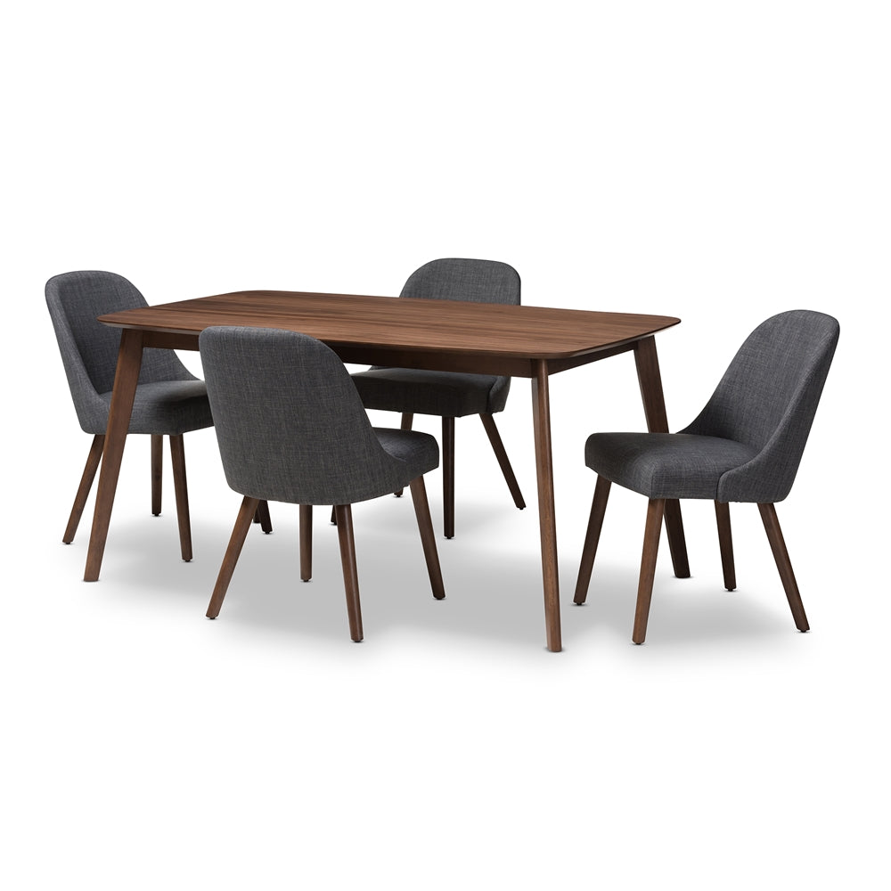 Baxton Studio Cody Mid-Century Modern Dark Grey Fabric Upholstered Walnut Finished Wood 5-Piece Dining Set