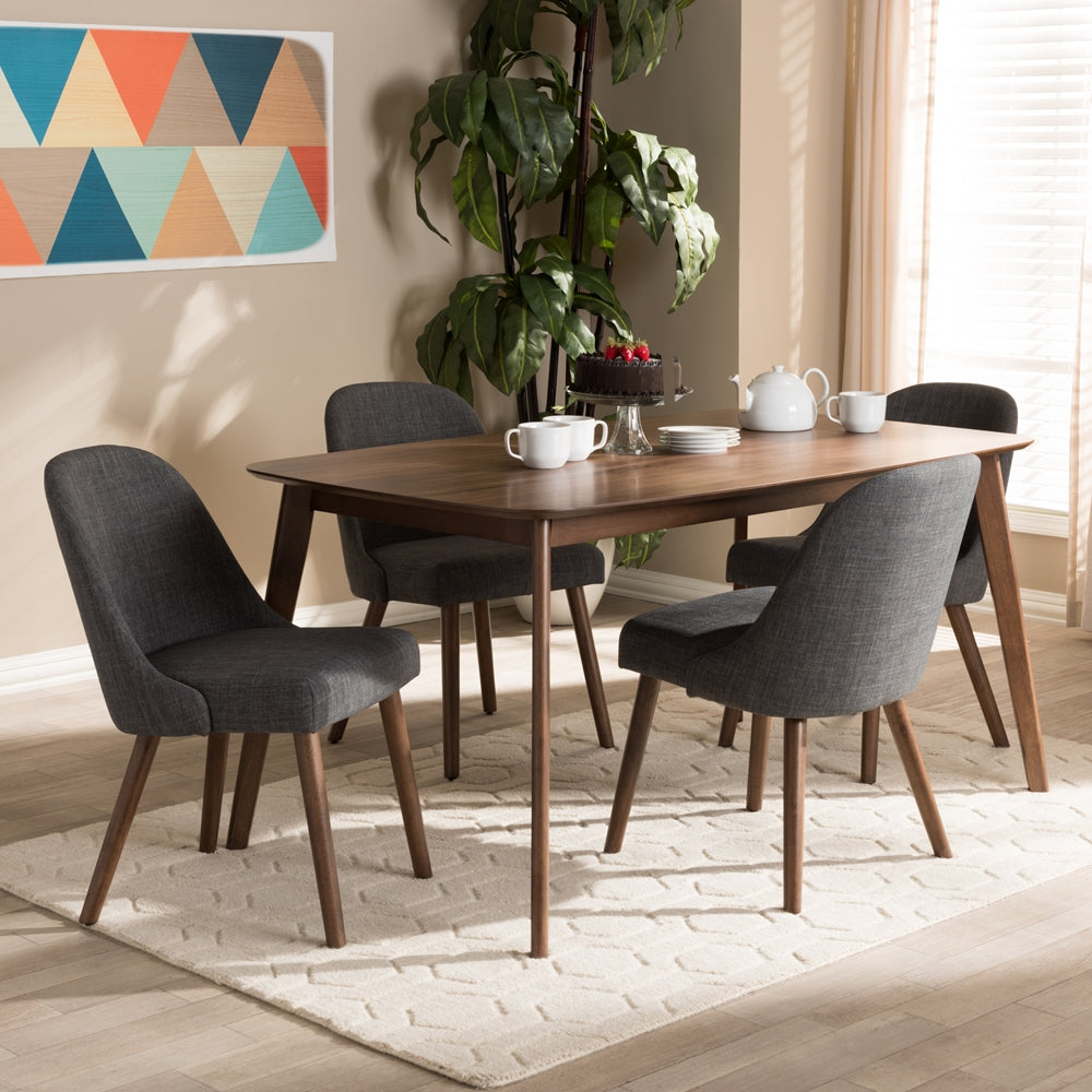 Baxton Studio Cody Mid-Century Modern Dark Grey Fabric Upholstered Walnut Finished Wood 5-Piece Dining Set