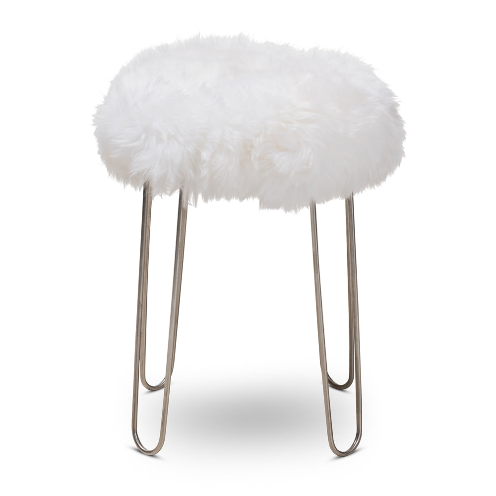 BAXTON STUDIO ALURA MODERN GLAM WHITE GENUINE SHEEP SKIN OTTOMAN