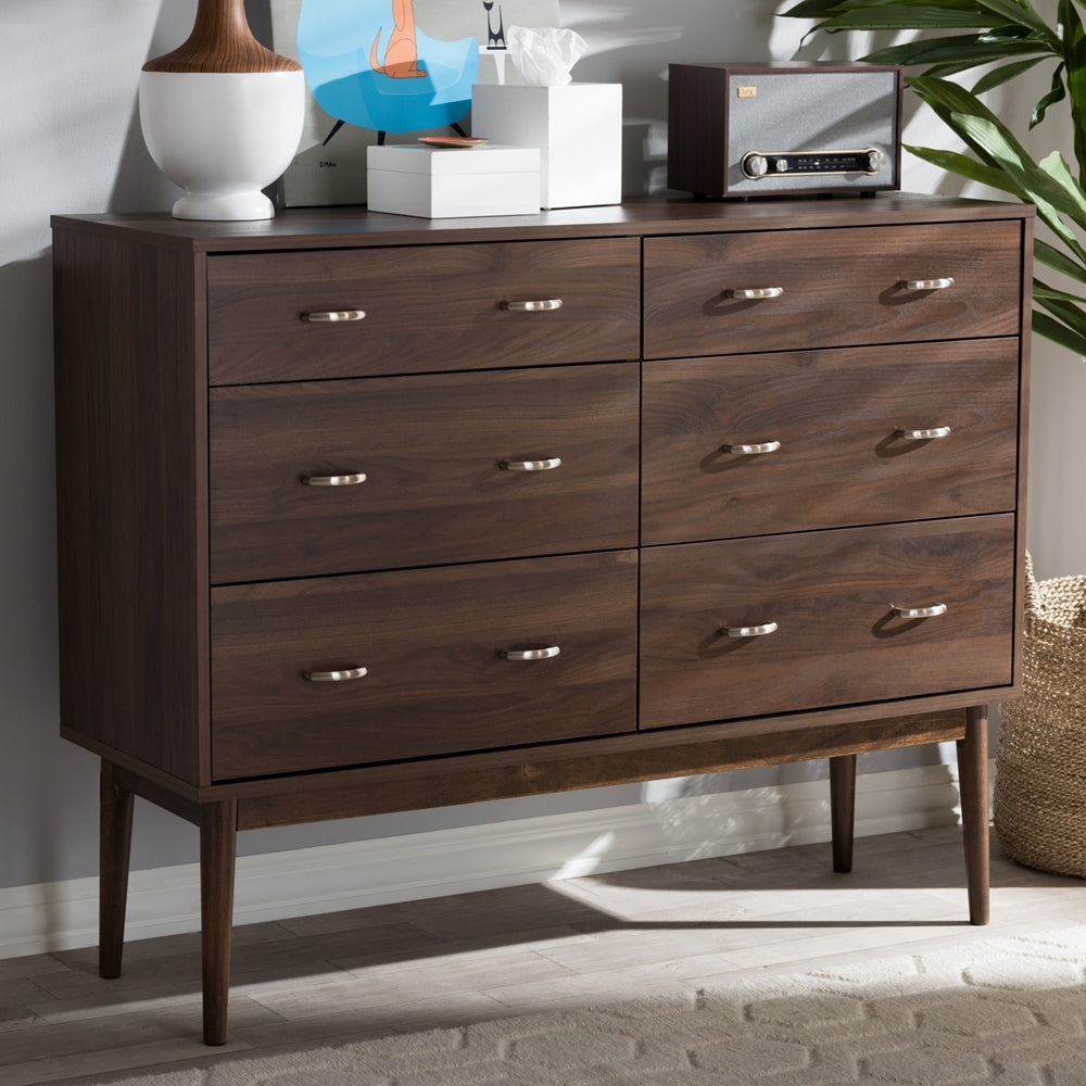 Baxton Studio Disa Mid-Century Modern Walnut Brown Finished 6-Drawer Dresser