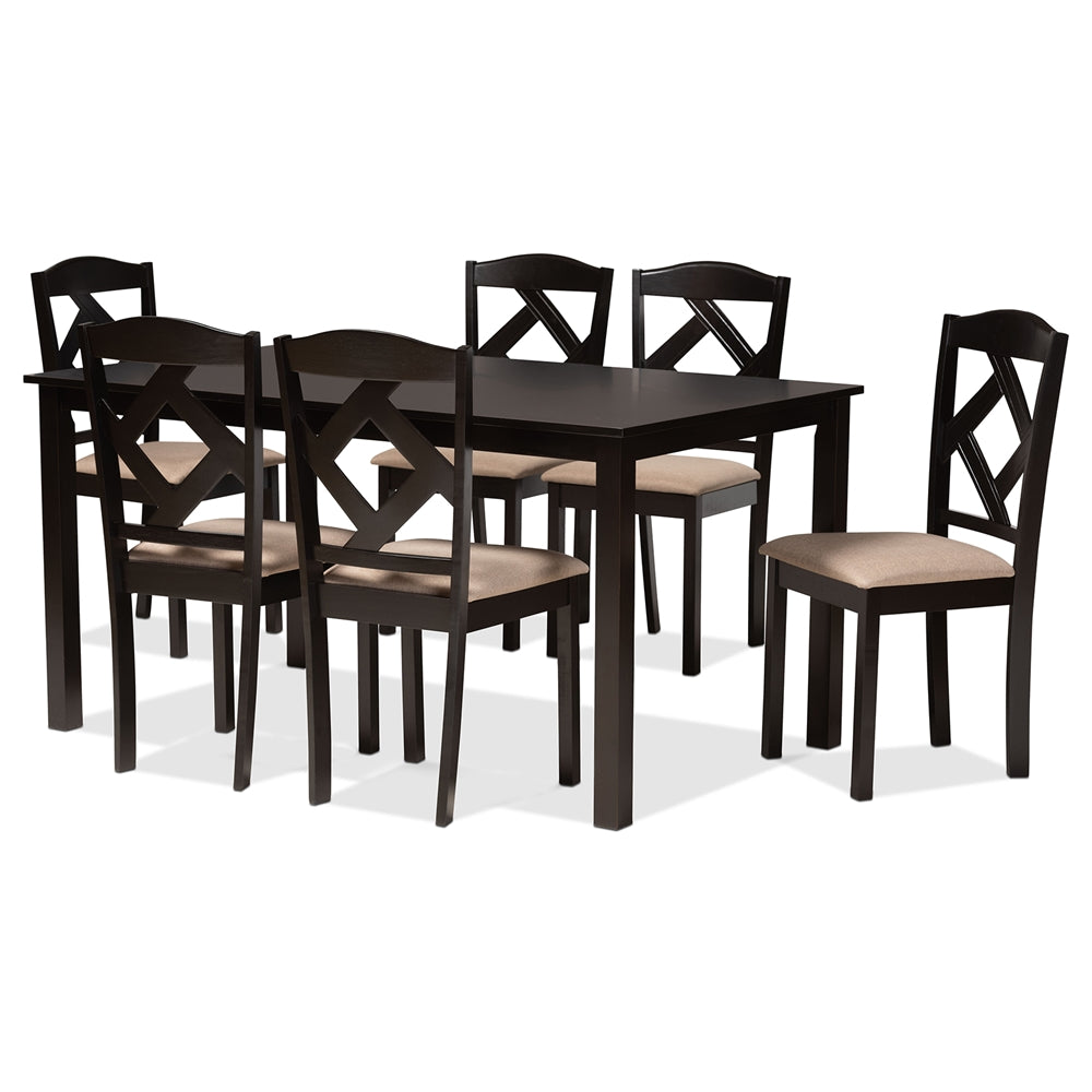 Baxton Studio Ruth Sand Fabric Upholstered And Dark Brown Finished Wood 7-Piece Dining Set