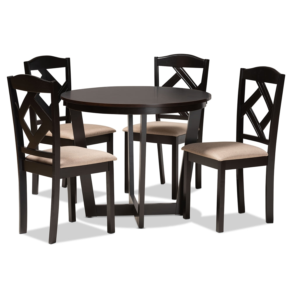 Baxton Studio Morigan Sand Fabric Upholstered And Dark Brown Finished Wood 5-Piece Dining Set