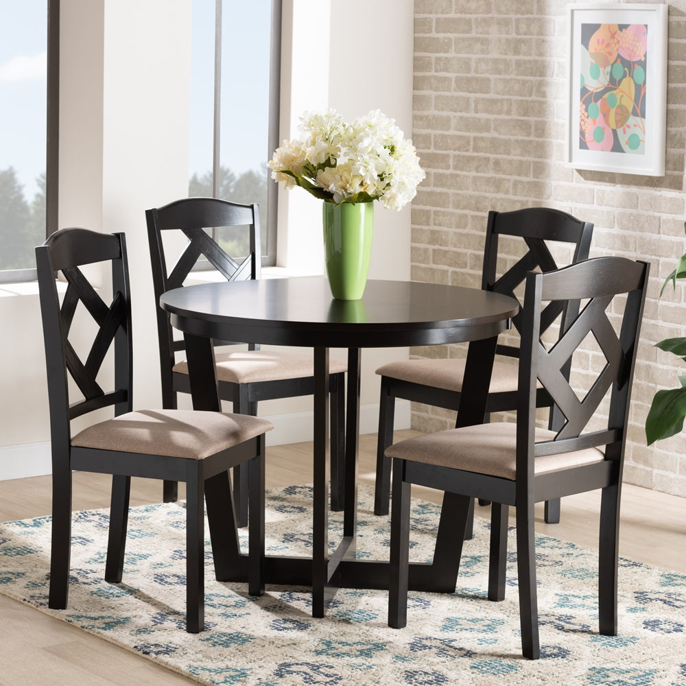 Baxton Studio Morigan Sand Fabric Upholstered And Dark Brown Finished Wood 5-Piece Dining Set