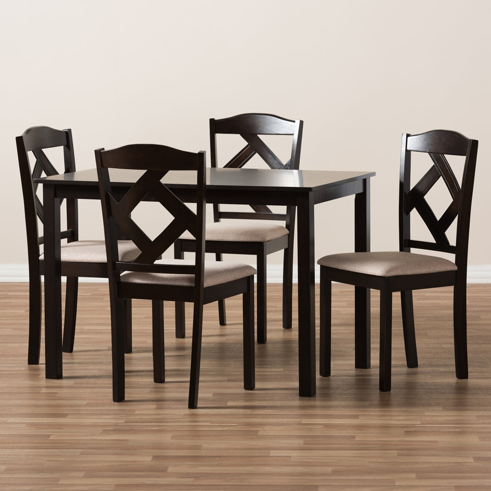 Baxton Studio Ruth Modern And Contemporary Beige Fabric Upholstered And Dark Brown Finished 5-Piece Dining Set