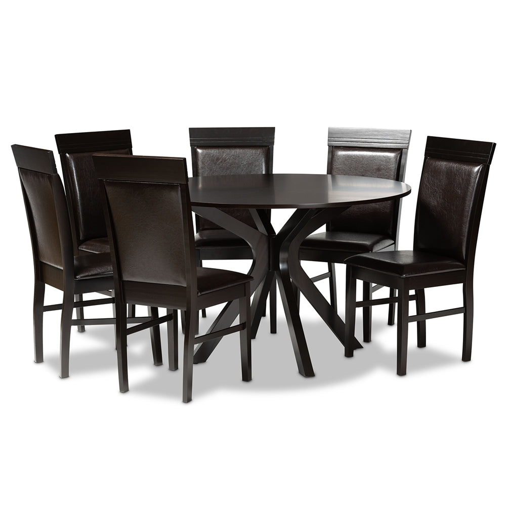 Baxton Studio Jeane Modern And Contemporary Dark Brown Faux Leather Upholstered And Dark Brown Finished Wood 7-Piece Dining Set