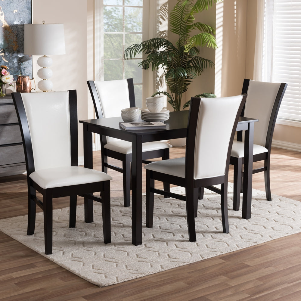 Baxton Studio Adley Modern And Contemporary 5-Piece Dark Brown Finished White Faux Leather Dining Set