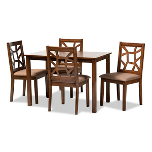 Baxton Studio Abilene Mid-Century Light Brown Fabric Upholstered And Walnut Brown Finished 5-Piece Wood Dining Set