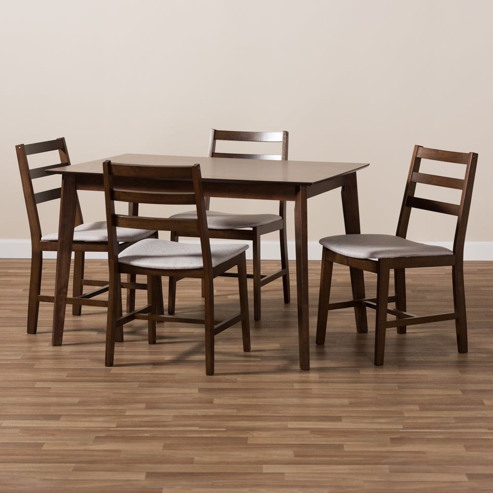 Baxton Studio Nadine Modern And Contemporary Walnut-Finished Light Grey Fabric Upholstered 5-Piece Dining Set