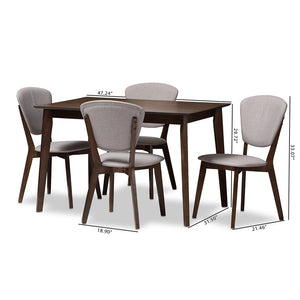 Baxton Studio Tarelle Mid-Century Modern Walnut-Finished Light Grey Fabric Upholstered 5-Piece Dining Set