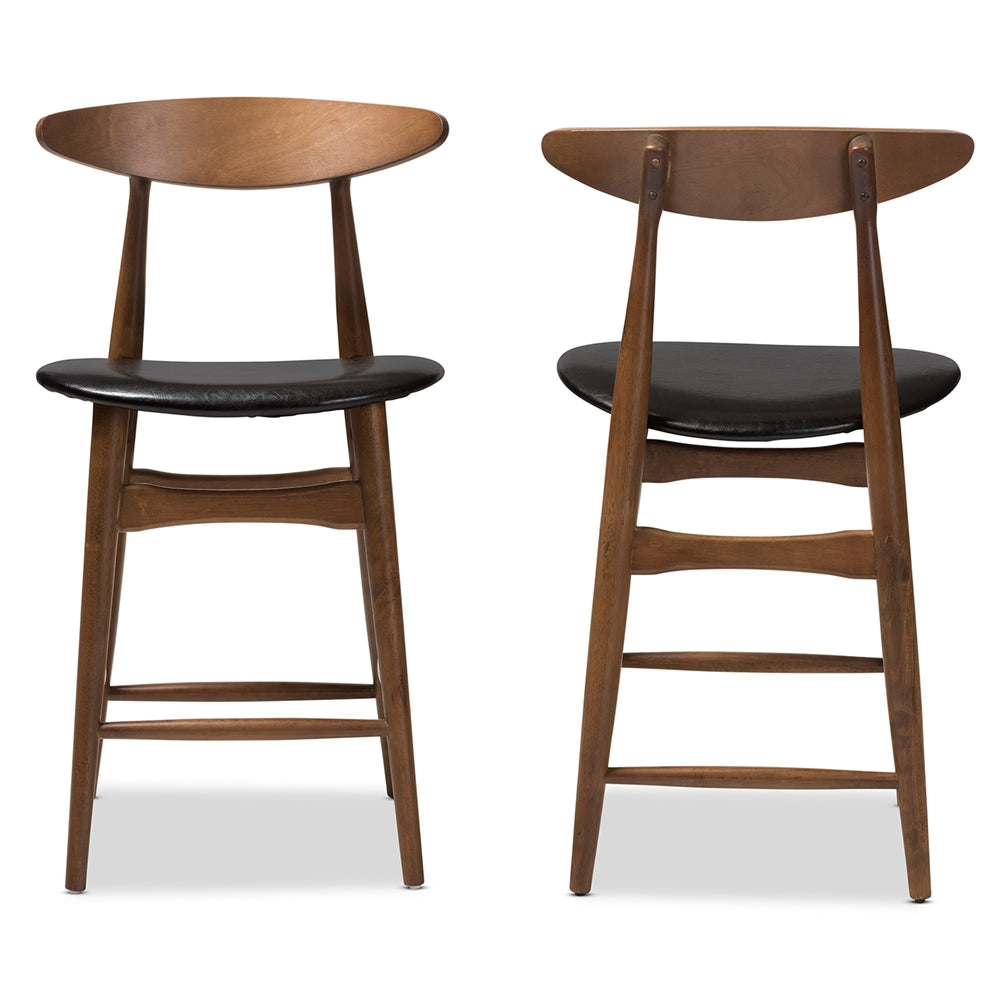 Baxton Studio Flora Mid-Century Modern Black Faux Leather Upholstered Walnut Finished Counter Stool (Set Of 2)