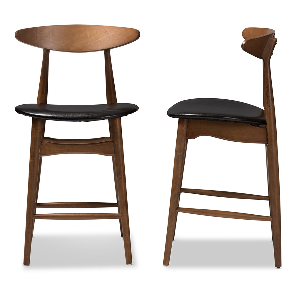 Baxton Studio Flora Mid-Century Modern Black Faux Leather Upholstered Walnut Finished Counter Stool (Set Of 2)