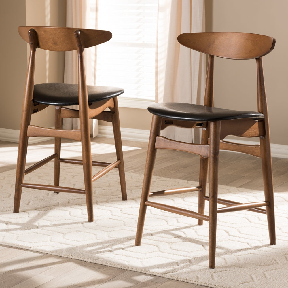 Baxton Studio Flora Mid-Century Modern Black Faux Leather Upholstered Walnut Finished Counter Stool (Set Of 2)