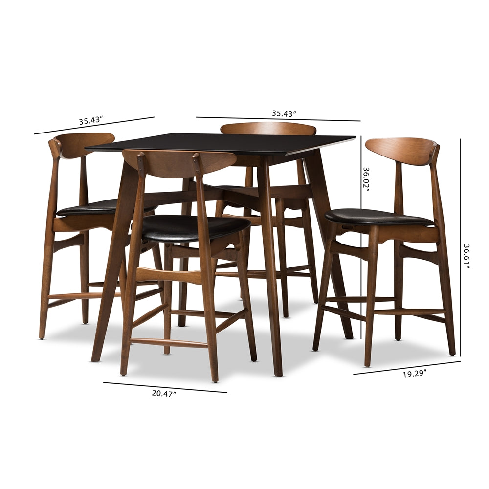 Baxton Studio Flora Mid-Century Modern Black Faux-Leather Upholstered Walnut Finished 5-Piece Pub Set