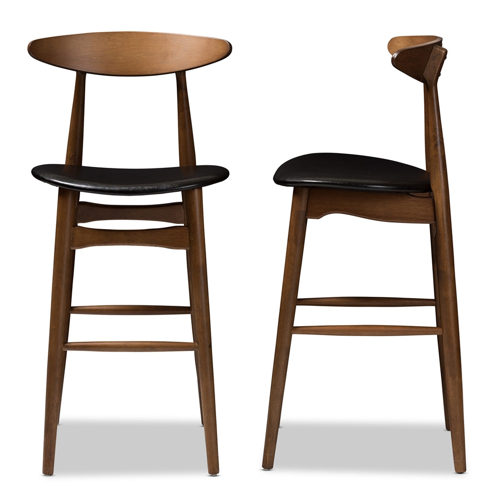 Baxton Studio Flora Mid-Century Modern Black Faux Leather Upholstered Walnut Finished Bar Stool (Set Of 2)