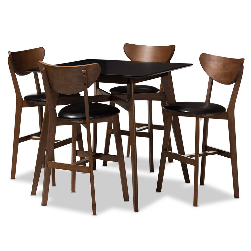 Baxton Studio Eline Mid-Century Modern Black Faux Leather Upholstered Walnut Finished 5-Piece Pub Set