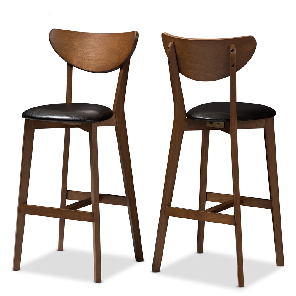 Baxton Studio Eline Mid-Century Modern Black Faux Leather Upholstered Walnut Finished Bar Stool (Set Of 2)