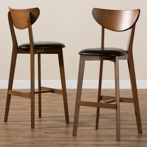 Baxton Studio Eline Mid-Century Modern Black Faux Leather Upholstered Walnut Finished Bar Stool (Set Of 2)