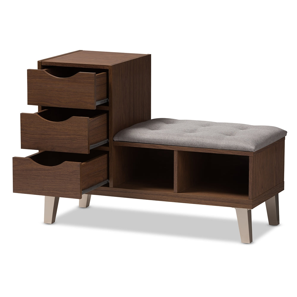 Baxton Studio Arielle Modern And Contemporary Walnut Wood 3-Drawer Shoe Storage Grey Fabric Upholstered Seating Bench With Two Open Shelves