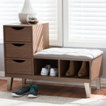 Load image into Gallery viewer, Baxton Studio Arielle Modern And Contemporary Walnut Wood 3-Drawer Shoe Storage Grey Fabric Upholstered Seating Bench With Two Open Shelves
